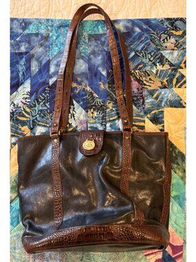 Vtg Brahmin Women's Leather Croc Shoulder Purse Tote Bag Black/Brown Tuscan